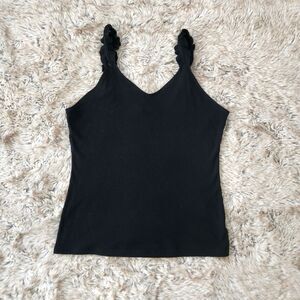 Pinkmstyle Sleeveless Ruffle Strap V-Neck Ribbed‎ Black Tank Top Women's Size XL